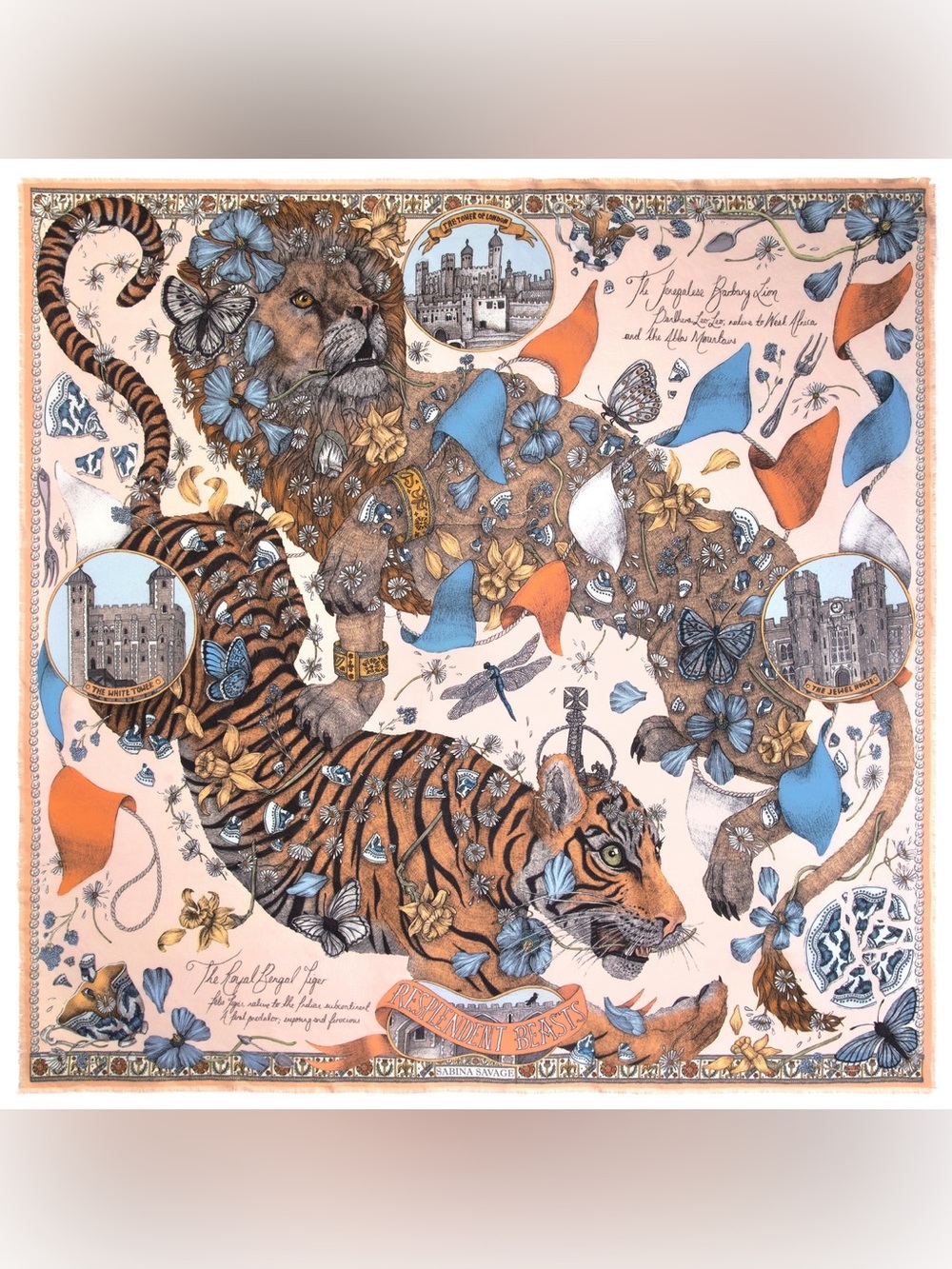 SABINA SAVAGE THE LION AND TIGER'S TEA PARTY SILK TWILL SHAWL LARGE 53” SQUARE